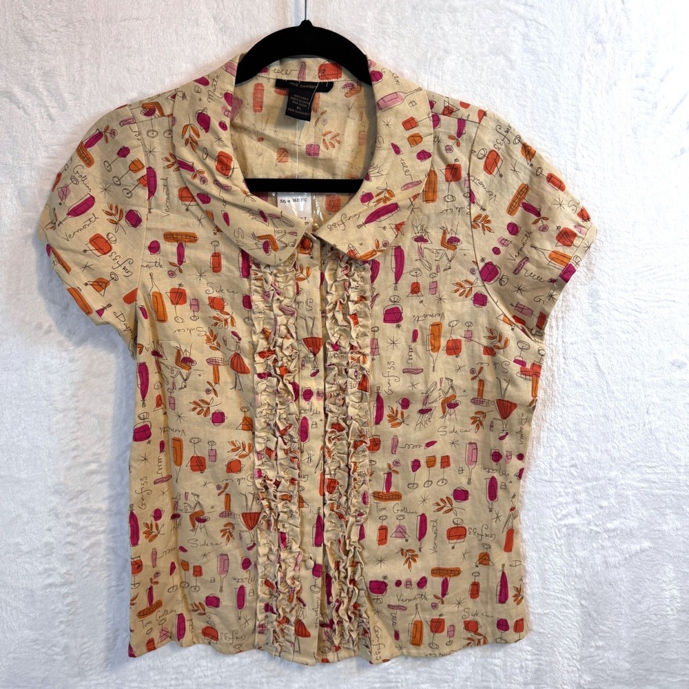 ANNE CARSON Womens Linen Blend Graphic Print Ruffle Button Up Shirt XL